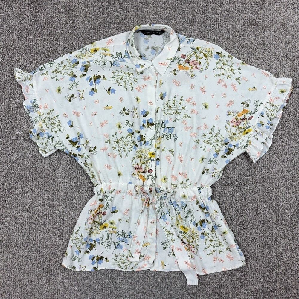 Zara Woman Top Womens XS White Floral Tunic Blouse Ruffle Boho Summer Cottage